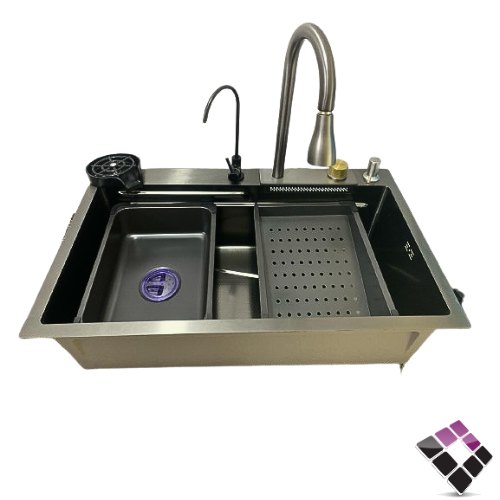 مجلى حوض أستيل مودرن GAO KANG صيني كامل أسود مع خلاط لي سحب + غسيل خضار + غسيل كأس + بزبوز تحلية + صابون 75 سم رقم 7800