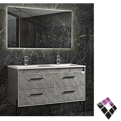 مغسلة حوضين خزف دولاب خشب معالج plywood بليوود لون رمادي رخامي ARONA صيني 120CM + مراية إضاءة LED رقم AR151-120-3..