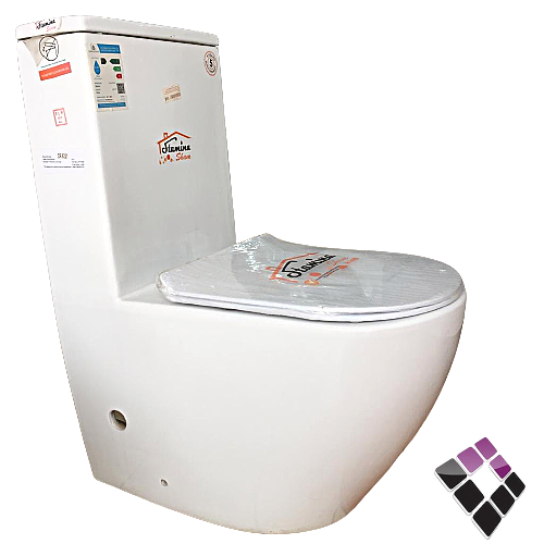 كرسى أفرنجى أرضي STAMINA صينى بيضاوي دائري لون أبيض نظام تصريف مطور ريمليس RIMLESS + غطاء فايبر هيدروليك قاعدة كروم سهل الفك 30 سم رقم 8221