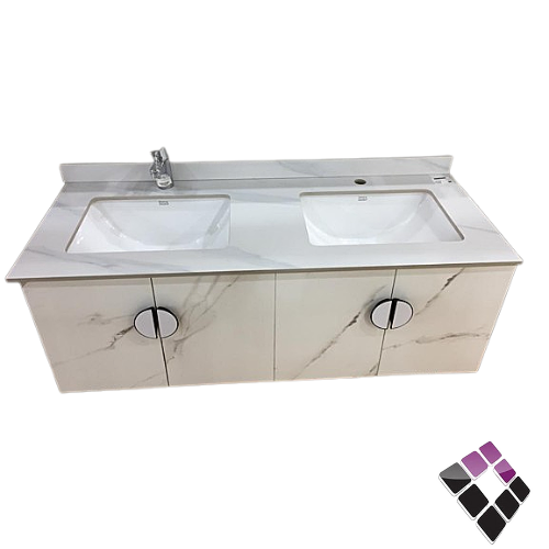 مغسلة دولاب خشب معالج plywood بليوود لون أبيض رخامي م/ كرارة + طاولة رخام + حوضين خزف أسفل  Orent Standard صيني 120CM + مراية إضاءة LED رقم OS231-120-22