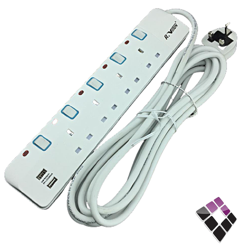 توصيلة كهرباء R-VISION الرائد العربي سعودى سلك طول 5 متر 4 مخارج فيش 13A+ مفتاع و لمبة + فيوز للأمان + 2 مخرج USB ...رقم الصنف (21310507)