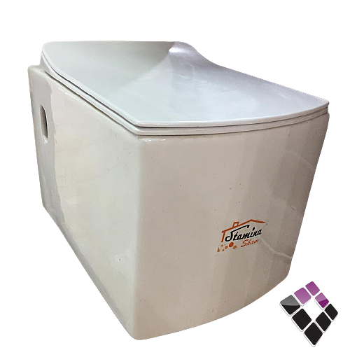 كرسى أفرنجى معلق STAMINA صينى مربع كبير لون أبيض نظام تصريف مطور ريمليس RIMLESS + غطاء فايبر هيدروليك قاعدة كروم سهل الفك 18 سم رقم WH-009