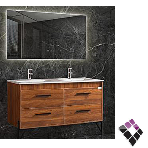 مغسلة حوضين خزف دولاب خشب معالج plywood بليوود خشبي لون بني مقنة ARONA صيني 120CM + مراية إضاءة LED رقم AR151-120-4..