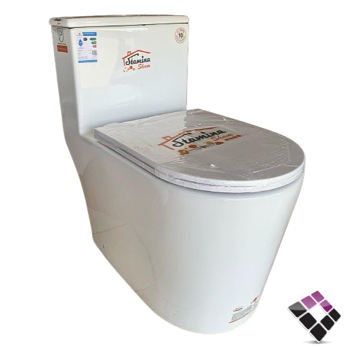 كرسى أفرنجى أرضي STAMINA صينى بيضاوي لون أبيض نظام تصريف مطور ريمليس RIMLESS + غطاء فايبر هيدروليك قاعدة كروم سهل الفك 25CM رقم 8237