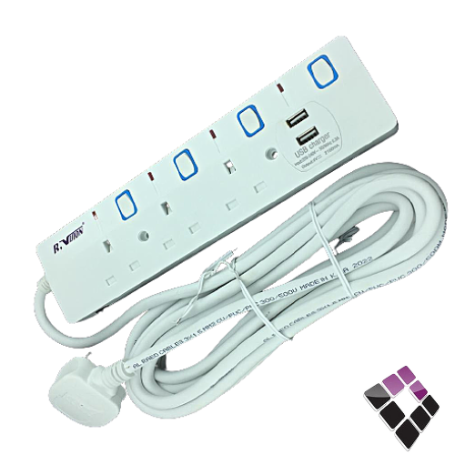 توصيلة كهرباء R-VISION الرائد العربي سعودي سلك طول 5 متر 3 مخارج فيش 13Aمع + مفتاح و لمبة + فيوز للأمان + 2 USB...رقم الصنف (21310539)