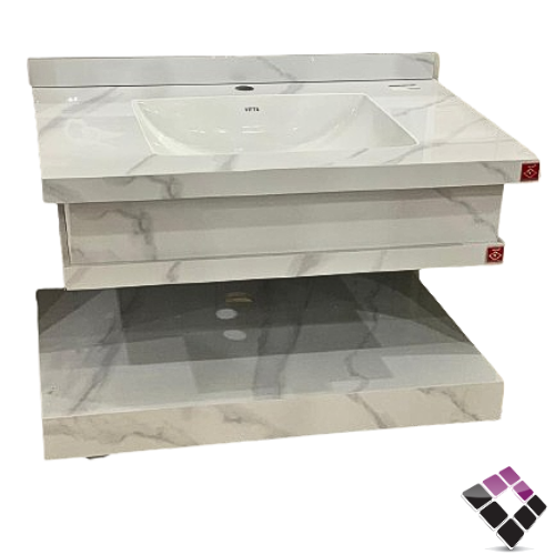 مغسلة كبينة بورسلان رخامي مع إضاءة VITTA معلق لون أبيض + عرق رمادي استتواريو + رف سفلي 80CM + مراية إضاءة LED رقم/ E47