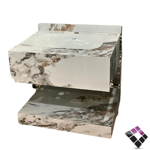 مغسلة كبينة بورسلان رخامي كرارة Prim صيني معلق لون أبيض + عرق رمادي + رف سفلي 60CM + مراية إضاءة LED رقم/RO-127-60