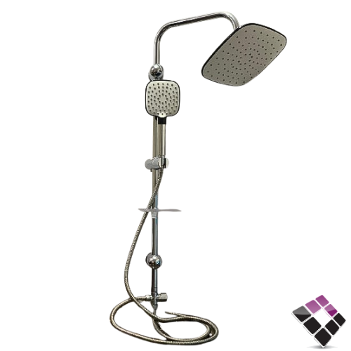 طقم شاور دش تركي TUCRA عمود كروم + طاسة مربعة 24سم لون أبيض + أسود مع لي و سماعة + صبانة رقم 22085