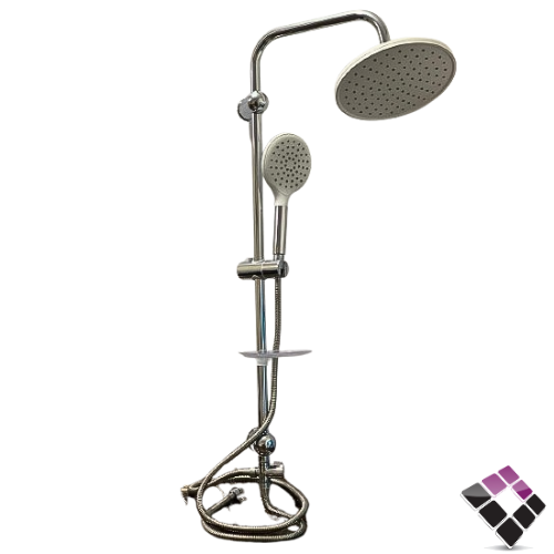 طقم شاور دش تركي TUCRA عمود كروم + طاسة مدورة 24سم لون أبيض مع لي و سماعة + صبانة رقم 22083