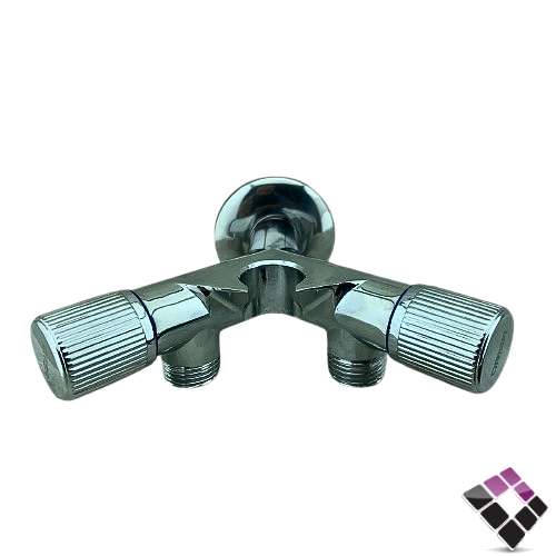 محبس زاوية مخرجين للماء + حامل شطاف ORISA صيني لون كروم رقم 90190