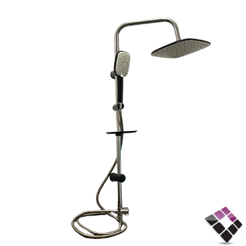 طقم شاور دش تركي TUCRA عمود كروم + طاسة مربعة 24سم لون أبيض + أسود مع لي و سماعة + صبانة رقم 22077