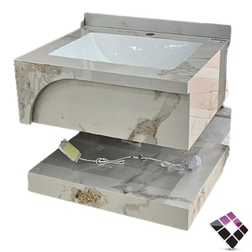 مغسلة كبينة بورسلان رخاميSILVER صيني معلق لون رمادي + عرق رخامي + رف سفلي 60CM + مراية إضاءة LED رقم/ RO-401-60