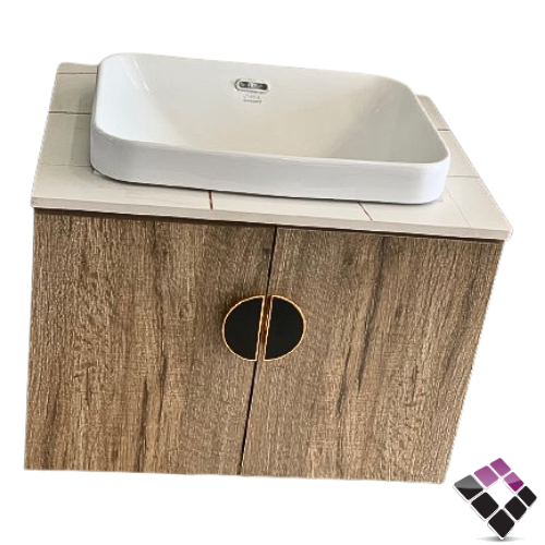 مغسلة دولاب خشب معالج plywood بليوود لون بني فاتح خشب سنديان حوض خزف فوق قاعدة بورسلان Orent Standard صيني 60CM + مراية LED رقم OS2310241