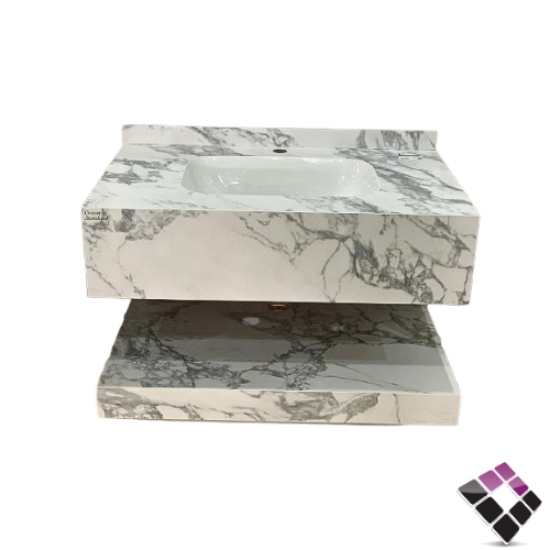 مغسلة كبينة بورسلان رخامي Orient standard معلق لون أبيض + عرق رمادي كالاكتا + رف سفلي 80CM + مراية إضاءة LED رقم/ PM16233-80