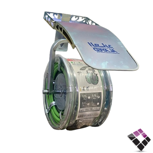 لي ماء العايد مع بكرة حديد مطور لون أخضر  لف ذاتي + دوران 180درجة طول 50 متر + مرشات مقاس 16ملم