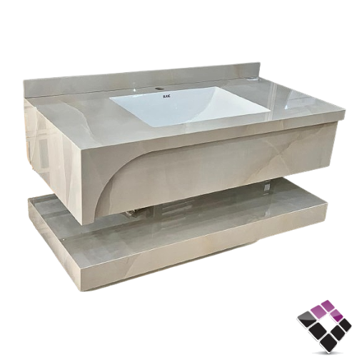 مغسلة كبينة بورسلان رخاميSILVER صيني معلق لون أبيض + عرق رخامي + رف سفلي 100CM + مراية إضاءة LED رقم/ RO-402-100