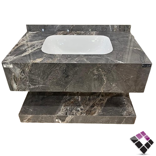 مغسلة كبينة بورسلان رخاميSILVER صيني معلق لون رمادي غامق + رف سفلي 80CM + مراية إضاءة LED رقم/ AY01-80-6031