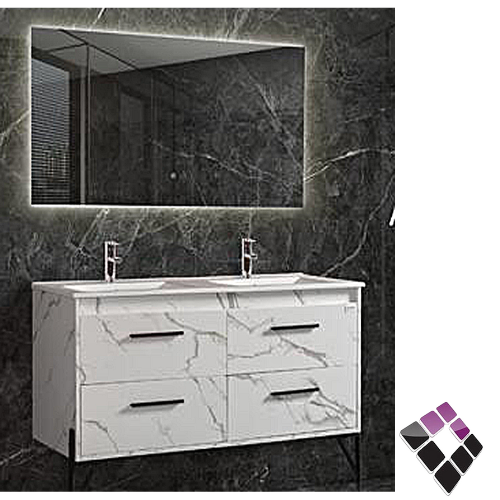 مغسلة حوضين خزف دولاب خشب معالج plywood بليوود لون أبيض رخامي م/ كرارة ARONA صيني 120CM + مراية إضاءة LED رقم AR151-120-1.