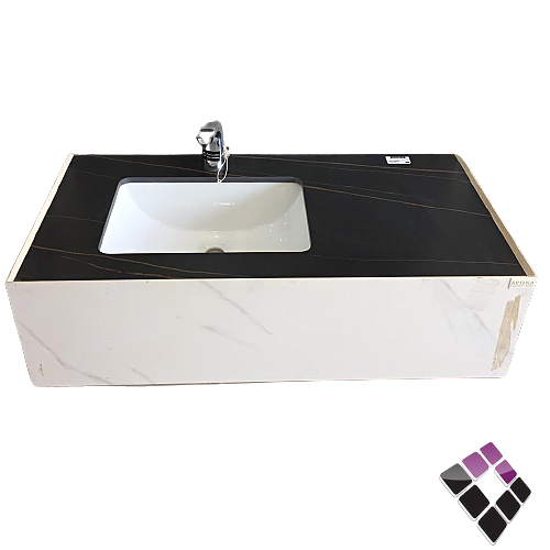 مغسلة رخام ARONA صيني معلق لون أسود عرق بيج + أبيض حوض تحت خزف 100CM + مراية بيضاوي إضاءة LED + رفين رقم/AR123-100-2