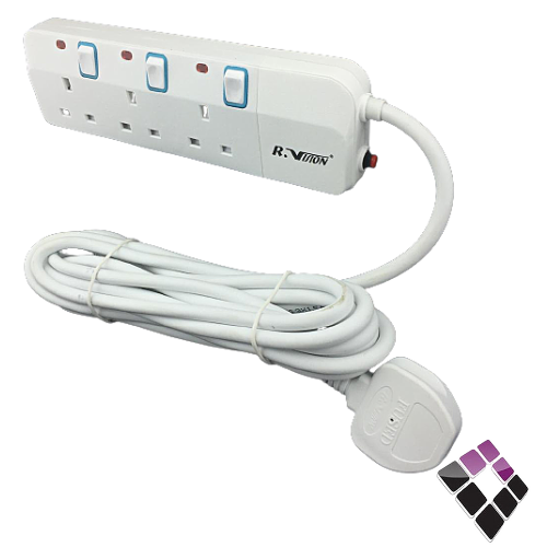 توصيلة كهرباء R-VISION الرائد العربي سعودى سلك طول 5 متر 3 مخارج فيش 13Aمع + مفتاح و لمبة + فيوز للأمان