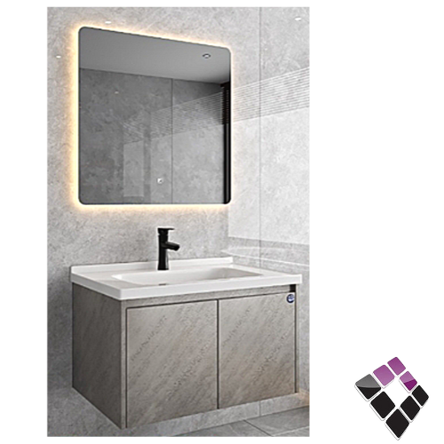 مغسلة حوض خزف دولاب خشب معالج plywood بليوود لون رمادي رخامي DODO صيني 80CM + مراية إضاءة LED رقم DO-2-80-1..