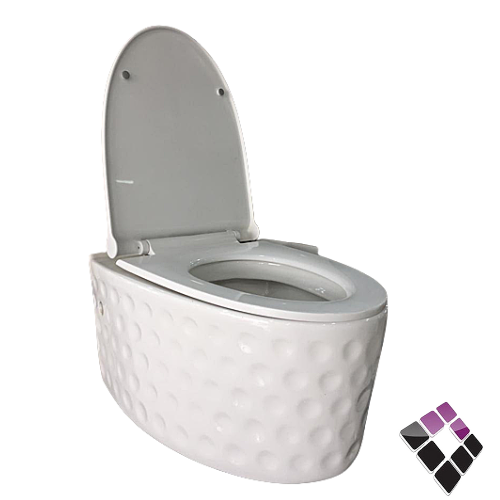 كرسي أفرنجى معلق صينى أبيض ديكور دوائر BRONZO بيضاوي غطاء فايبر قاعدة كروم هيدروليك 23 سم رقم 719N          .