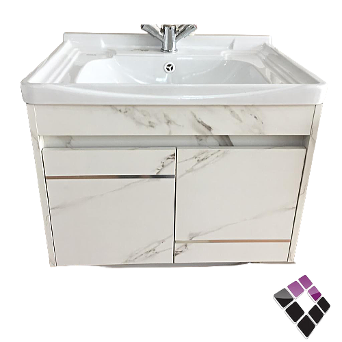 مغسلة دولاب خشب معالج plywood بليوود لون أبيض + رمادي رخامي حوض خزف Orent Standard صيني 60CM + مراية LED رقم OS2310205