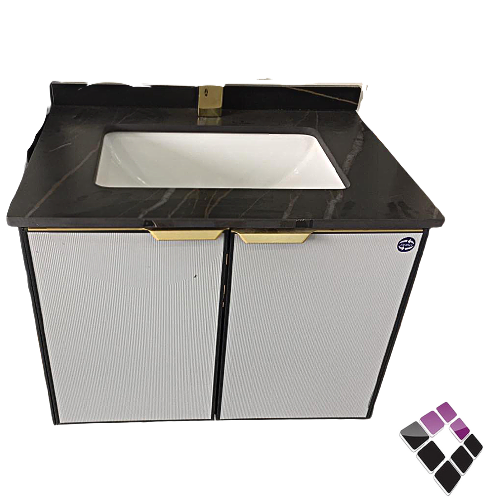 مغاسل دولاب المنيوم + PVC لون أوف وايت حوض رخام رصاصي + خزف مقاس 60CM + صيدلية و مراية رقم LM1-3-60
