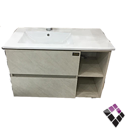 مغسلة معلقة PLOTO صيني دولاب المنيوم + plywood بديل الخشب لون أبيض + عرق رمادي رخام كرارة مقاس 80 سم  PL11-80-3