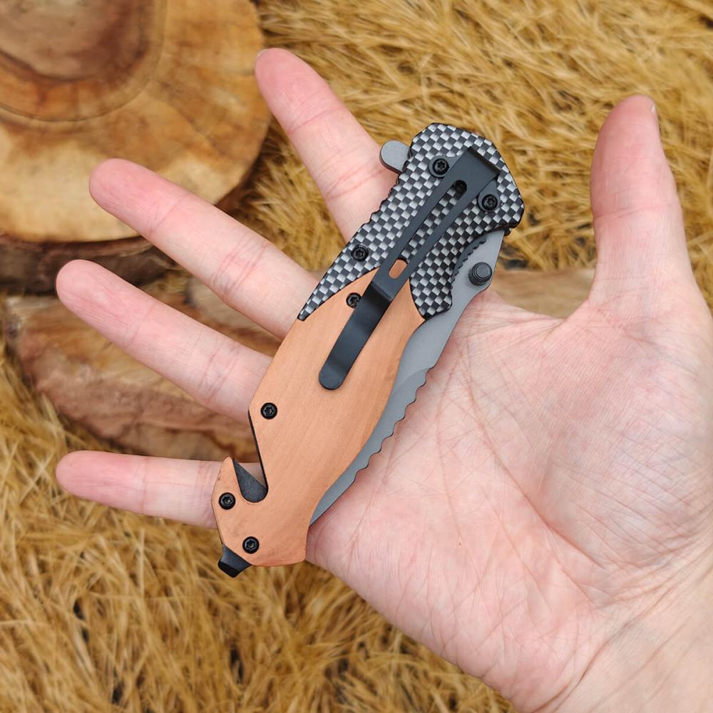 مطوية تكتيكي بمقبض خشبي ومعدن – Wooden Tactical Folding