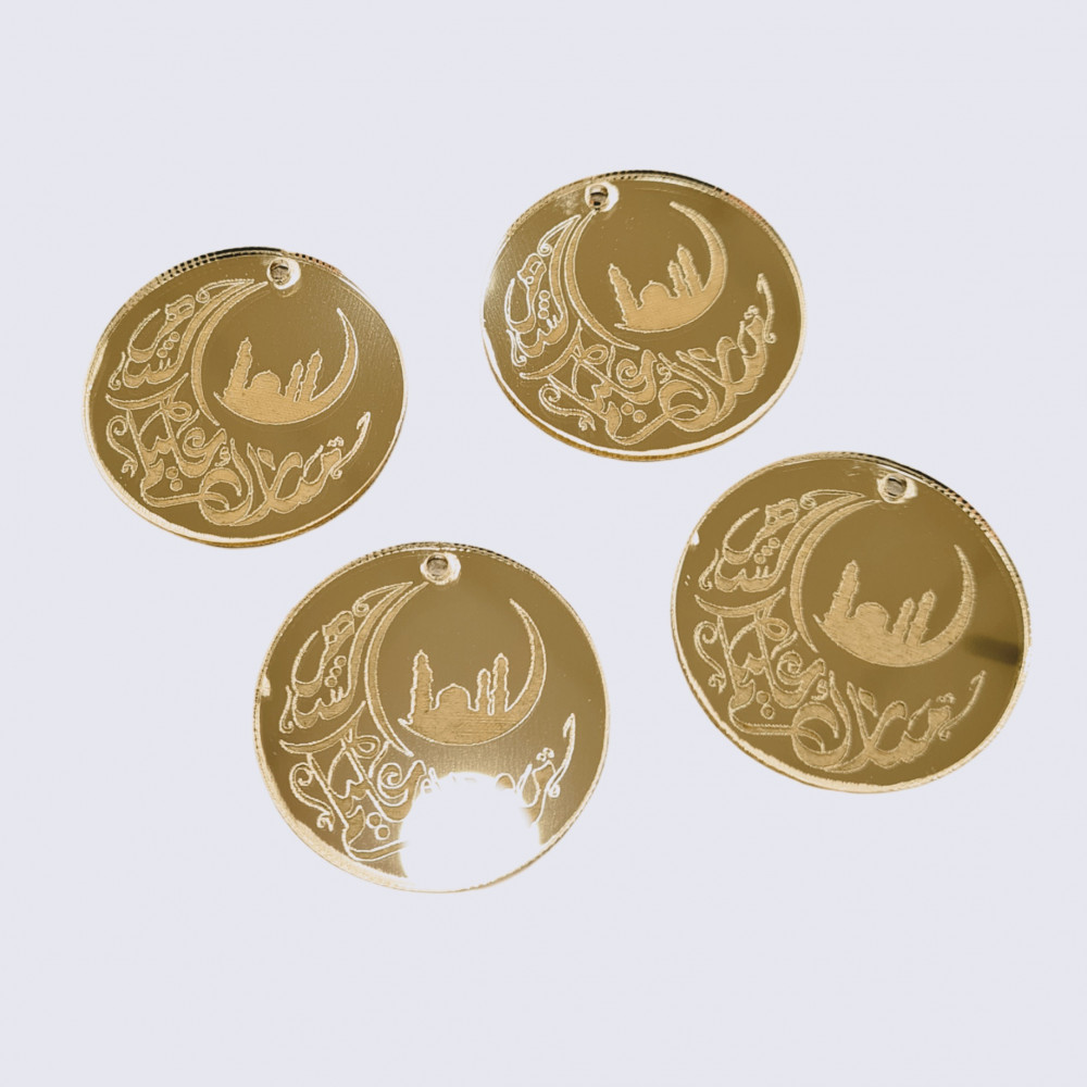 تعاليق اكريليك مبارك عليكم الشهر مدور مقاس 3.5cm اللون ذهبي الدرزن 12 حبه