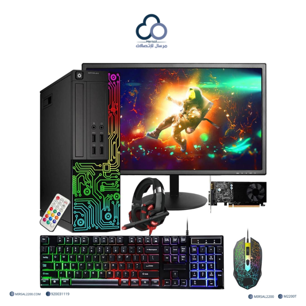 كمبيوتر مكتبي للألعاب Dell OptiPlex RGB، معالج Intel Core i7، وبطاقة رسومات GeForce GT 1030 سعة 2 جيجابايت GDDR5، وذاكرة وصول عشوائي (RAM) سعة 16 جيجابايت، ومحرك أقراص SSD سعة 512 جيجابايت، وشاشة HDMI مقاس 24 بوصة، ولوحة مفاتيح وماوس وسماعة رأس، وواي فاي،