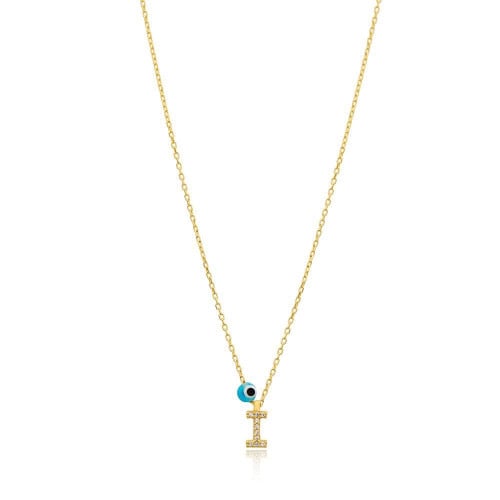 قلادة جذابة وبراقة بلمعة الذهب مزينة بحرف I والخرزة الزرقاء -من مجموعة نفيس هدايا مجوهرات هدية نسائية فاخرة I 6784