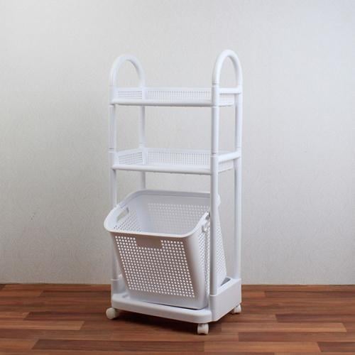 سلة بلاستيك بعجلات 2 رف + سلة أرضي - أبيض