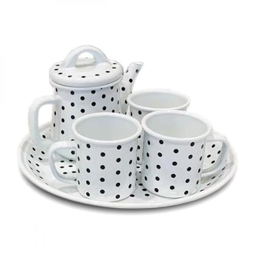 دلة مع كاسات + تبسي ابيض منقط