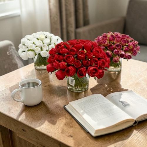 ورد تنسيق ملون فازة زجاج بالحبة