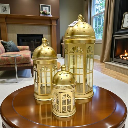 طقم فانوس رمضان 3 حبة ذهبي مقاس 29 - 47 - 64 سم