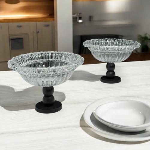 صحن زجاج بقاعدة خشب بالحبه