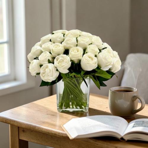 ورد تنسيق ابيض فازة زجاج