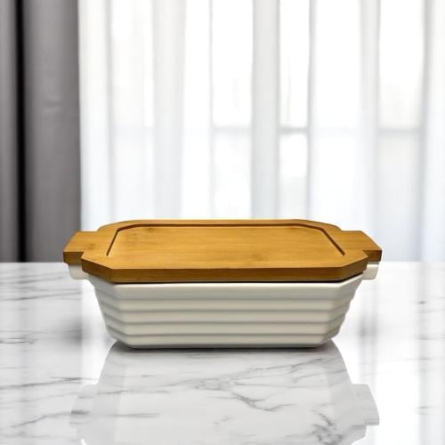 صحن سيراميك بغطاء خشب