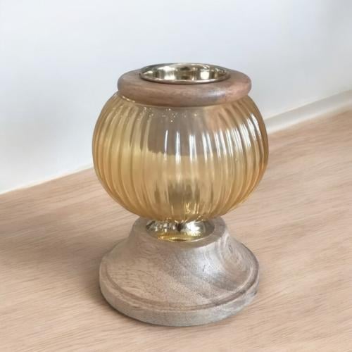 مبخرة هندي زجاج شفاف بقاعدة خشب