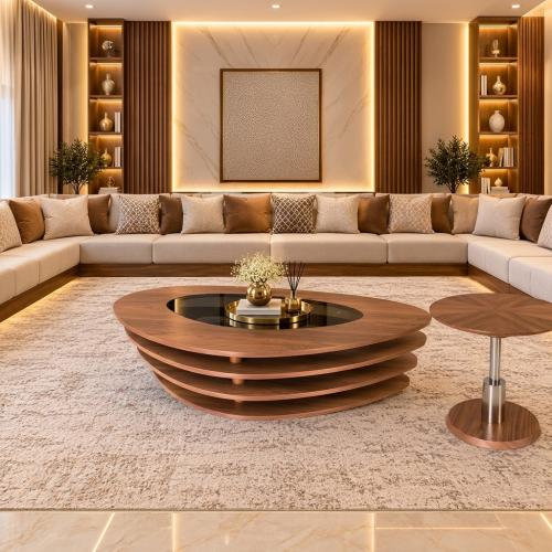 طاولة خشب + زجاج + استيل ديكور مقاس 31 * 76 * 35