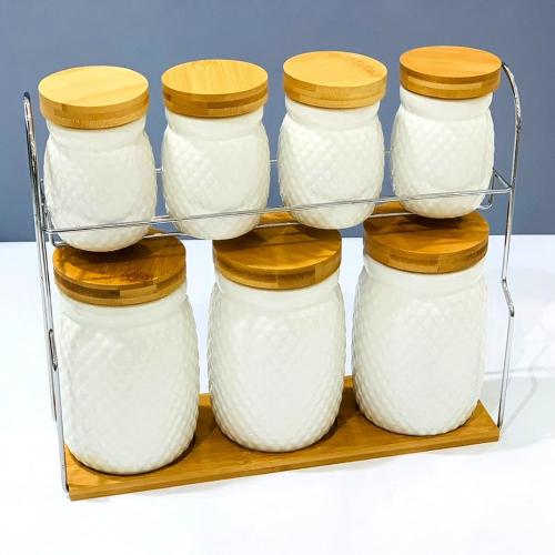 طقم علب بهارات غطاء خشب مع استاند معدن 7 حبة
