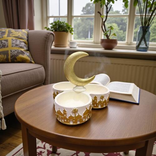 صحن مكسرات  سيراميك ثلاثي رمضان ذهبي مع هلال