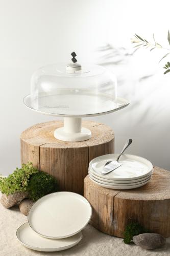 طقم تقديم الكيك 9 قطع من مجموعة لقاء - أبيض لؤلؤي و فضي