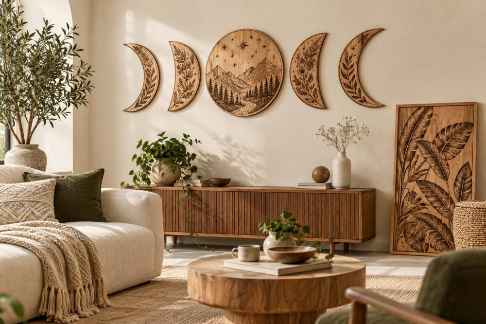 لوحات خشبية محفورة بتصميم أوراق الشجر ومراحل القمر من ENJOY STORE
