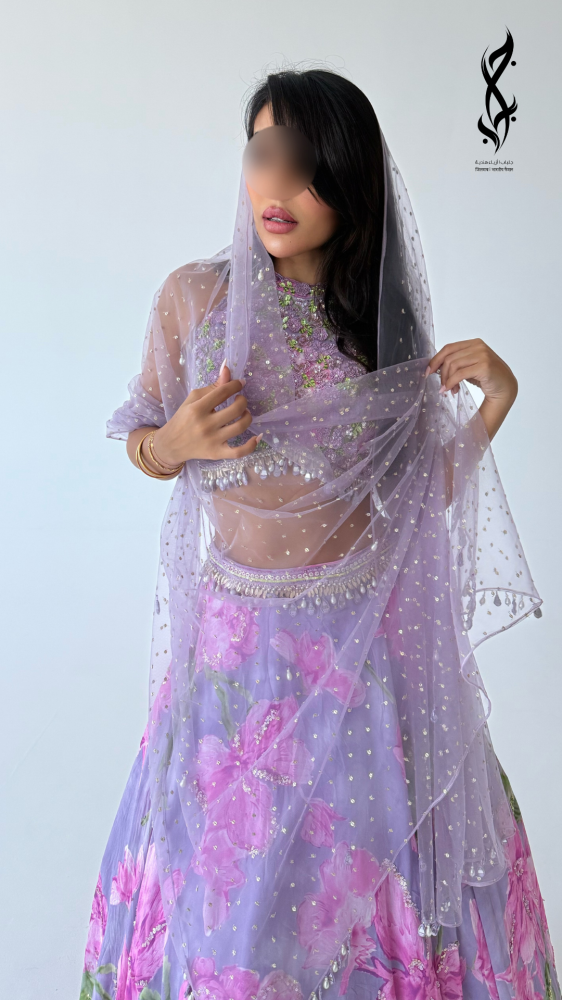 طقم  ساري سهرة  مطرز بالشك اليدوي البنفسجي | جلباب بوتيك
