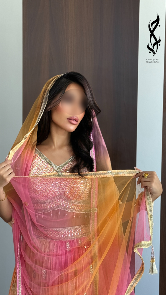 طقم ساري سهرة 3 قطع بتدرجات الوردي والذهبي | جلباب بوتيك