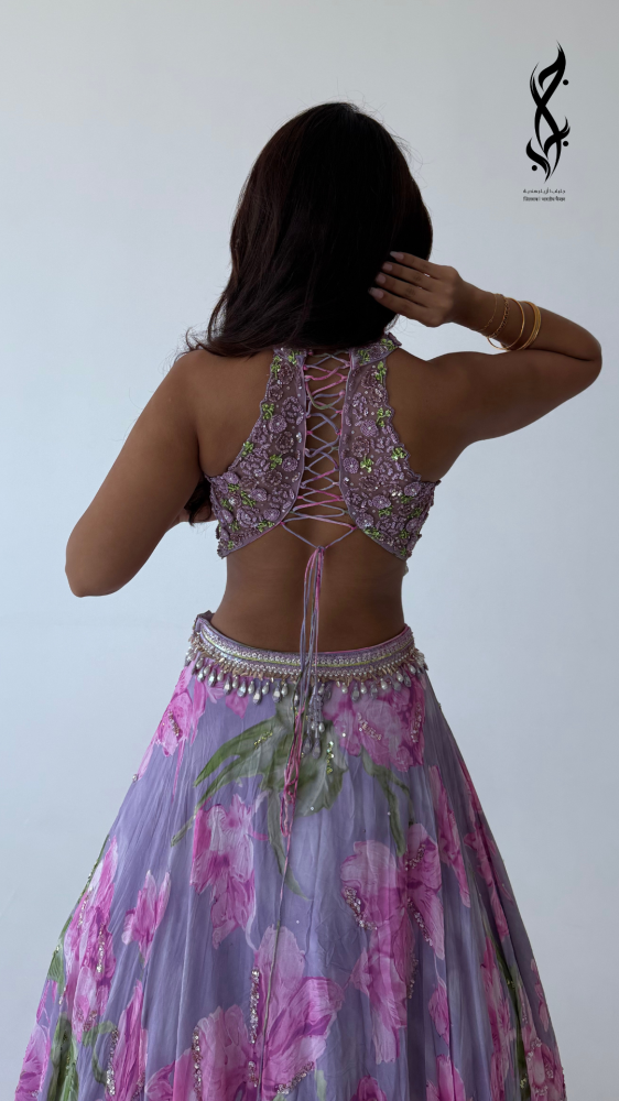 طقم  ساري سهرة  مطرز بالشك اليدوي البنفسجي | جلباب بوتيك