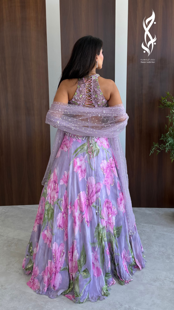 طقم  ساري سهرة  مطرز بالشك اليدوي البنفسجي | جلباب بوتيك